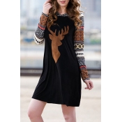 Fashion Color Block Elk Print Long Sleeve Mini Hooded Dress