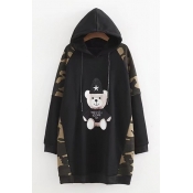 Over-Sized Long Sleeves Camouflaged Patchwork Bear Embroidered Pullover Hooded Mini Dress