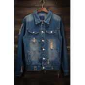 New Stylish Ripped Panther Leopard Embroidery Long Sleeve Denim Jacket