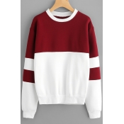 Natural Style Color Block Round Neck Long Sleeves Pullover Loose Sweatshirt