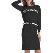 Simple Letter Long Sleeve Round Neck Sweater Knitted Skirt Co-ords