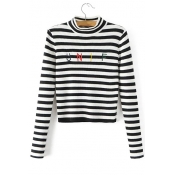 Classic Striped Letter Pattern Long Sleeve Cropped Pullover Sweater