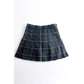 Girly Tartan Plaids Pattern Pleated Hem Mini Skirt with Button
