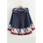 New Arrival Cute Batwing Fish Print Pom Pom Detail Hooded Cape