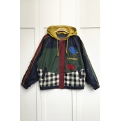 Childish Color Block Apple Mole Embroidered Checkered Plaids Zippered Hooded Over-Sized Coat