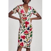 Stylish Floral Pattern V Neck Short Sleeve Wrap Front Midi Bodycon Dress