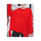 Simple Letter Embellished Round Neck Long Sleeves Ripped Hem Loose Over-Sized Pullover Sweatshirt