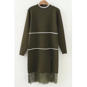 Lace Panel Striped Print Long Sleeve Round Neck Knitted Dress