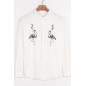 Fashionable Ostrich Embroidered Long Sleeve Button Down Shirt
