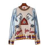 Chic Parrot Letter Embroidered Sequined Round Neck Long Sleeve Sweater