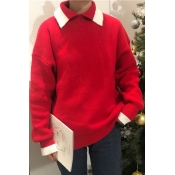 Simple Lapel Color Block Long Sleeve Over-Sized Pullover Sweater
