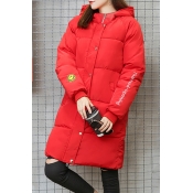 New Fashion Smile Face Embroidered Hooded Long Sleeve Longline Padded Coat