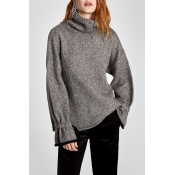 Simple Plain Turtleneck Ruffle Long Sleeve Pullover Sweater