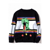 Trendy Cartoon Dinosaur Striped Star Pattern Color Block Long Sleeves Round Neck Pullover Sweatshirt