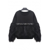 Fashion Diamante Detail Faux Fur Round Neck Long Sleeve Plain Pullover Sweatshirt