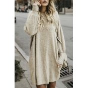 Chic Round Neck Long Sleeve Plain Leisure Sweater Mini Dress