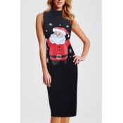 Hot Fashion Santa Claus Print Mock Neck Midi Tank Pencil Dress