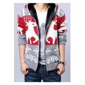 Fashionable Winter Snowflake Deer Pattern Long Sleeves Fur Padded Zip-up Hooded Cardigan