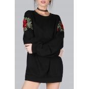 Simple Floral Embroidered Round Neck Long Sleeves Loose Pullover Sweatshirt