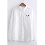 Simple Cat Face Embroidery Point Collar Long Sleeves Button Down Shirt