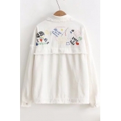 Stylish Lapel Letter Embroidery Long Sleeves Snap Button Fluffy Hem Shirt Coat