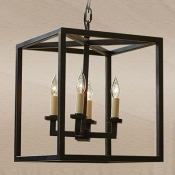 Industrial Chandelier with Square Metal Cage in Open Bulb Style, 4 Light