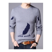 Winter Collection Round Neck Long Sleeves Leaf Feather Letter Pattern Pullover Sweater