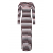 Elegant Color Block Striped Round Neck Long Sleeve Maxi Bodycon Dress