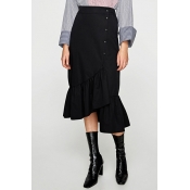 New Stylish Plain High Waist Ruffled Hem Asymmetric Midi Skirt