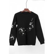 Elegant Floral Embroidered Round Neck Long Sleeves Pullover Sweater