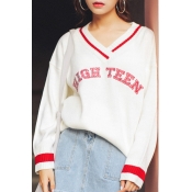 Letter Embroidered Long Sleeve V-Neck Pullover Sweater