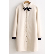 New Trendy Bow Tie Front Contrast Cuff Button Down Longline Shirt