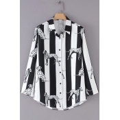 Fashion Striped Dog Print Lapel Long Sleeve Buttons Down Shirt