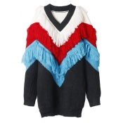 Chic Color Block Tassel Embellished V-Neck Long Sleeve Pullover Sweater