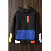 New Fashion Color Block Long Sleeves Zippered Top Pullover Hooded Coat
