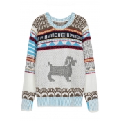 Cartoon Dog Tribal Print Long Sleeve Round Neck Pullover Sweater