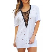Trendy V-Neck Crossed Strappy Front Short Sleeves Cutout Hollow Mini T-shirt Shift Dress
