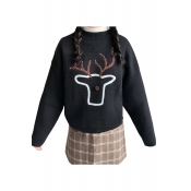 Lovely Cartoon Print Deer Print Long Sleeve Pullover Sweater