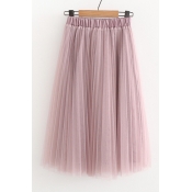 Simple Elastic Waist Pleated Layered Mesh Midi Skirt