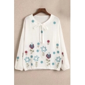 New Arrival Floral Embroidery Tie Neck Long Sleeve Loose Blouse