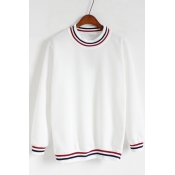 Women's Fashion Striped Trimmed Round Neck Long Sleeves Pullover Loose Sweatshirt