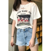 Fashion Letter Graphic Print Keyhole Front Short Sleeve Round Neck Tee