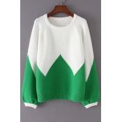 Color Block Print Cutout Round Neck Long Sleeve Pullover Sweater