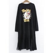 Fashion Rabbit Pattern Sequined Letter Round Neck Long Sleeve Mesh Panel Dress