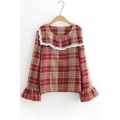 Women's Fashion Lapel Lace Trimmed Bell Sleeves Tartan Plaids Pullover Blouse