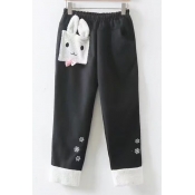 Adorable Rabbit Cartoon Patched Snowflake Pattern Elastic Waist Casual Pants