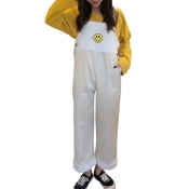 Childish Smiley Face Pattern Fur Patchwork Contrast Trimmed Wide Leg Overall Pants