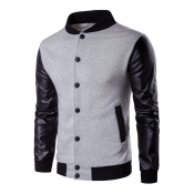 Simple Patchwork Button Down Contrast Trimmed Long Sleeves Baseball Jacket