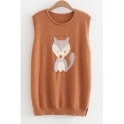 New Trendy Cartoon Fox Pattern Round Neck Vest Pullover Sweater