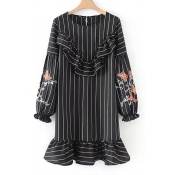 Fashion Embroidered Striped Ruffle Hem Round Neck Long Sleeve Shift Mini Dress